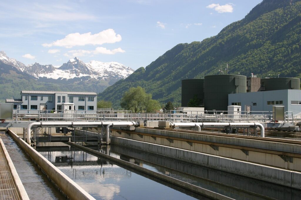 sewage treatment plant, switzerland, wastewater treatment, clarifiers, nature, clear, water, wastewater, environmental protection, clean